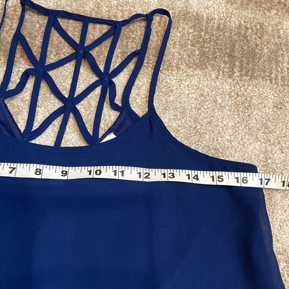 Charming Charlie Navy Flowy lined Dress w Gorgeous Back Detailing Sz Small EUC - Picture 3 of 8